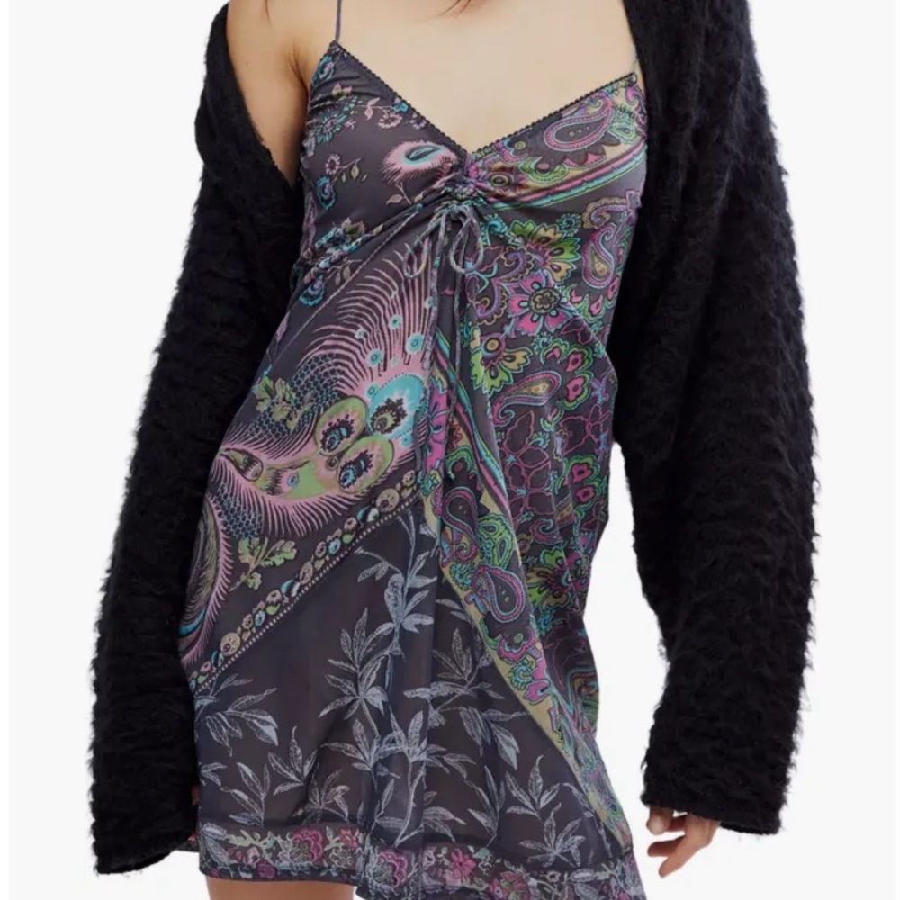 NWT Free People Hayes Mini Slipdress Gray Paisley Mini Dress